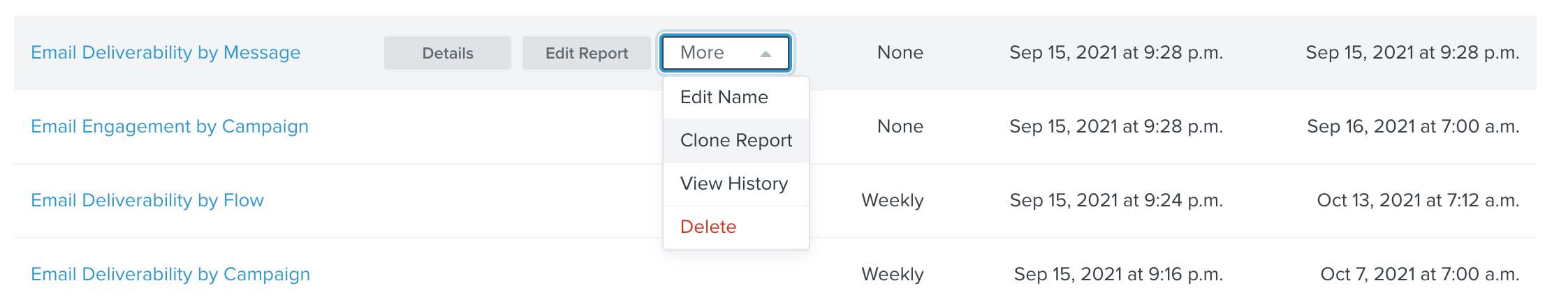 Binnen rapporten bekijken met meer dropdown geopend vanuit bovenste menu en klonen rapport gekozen