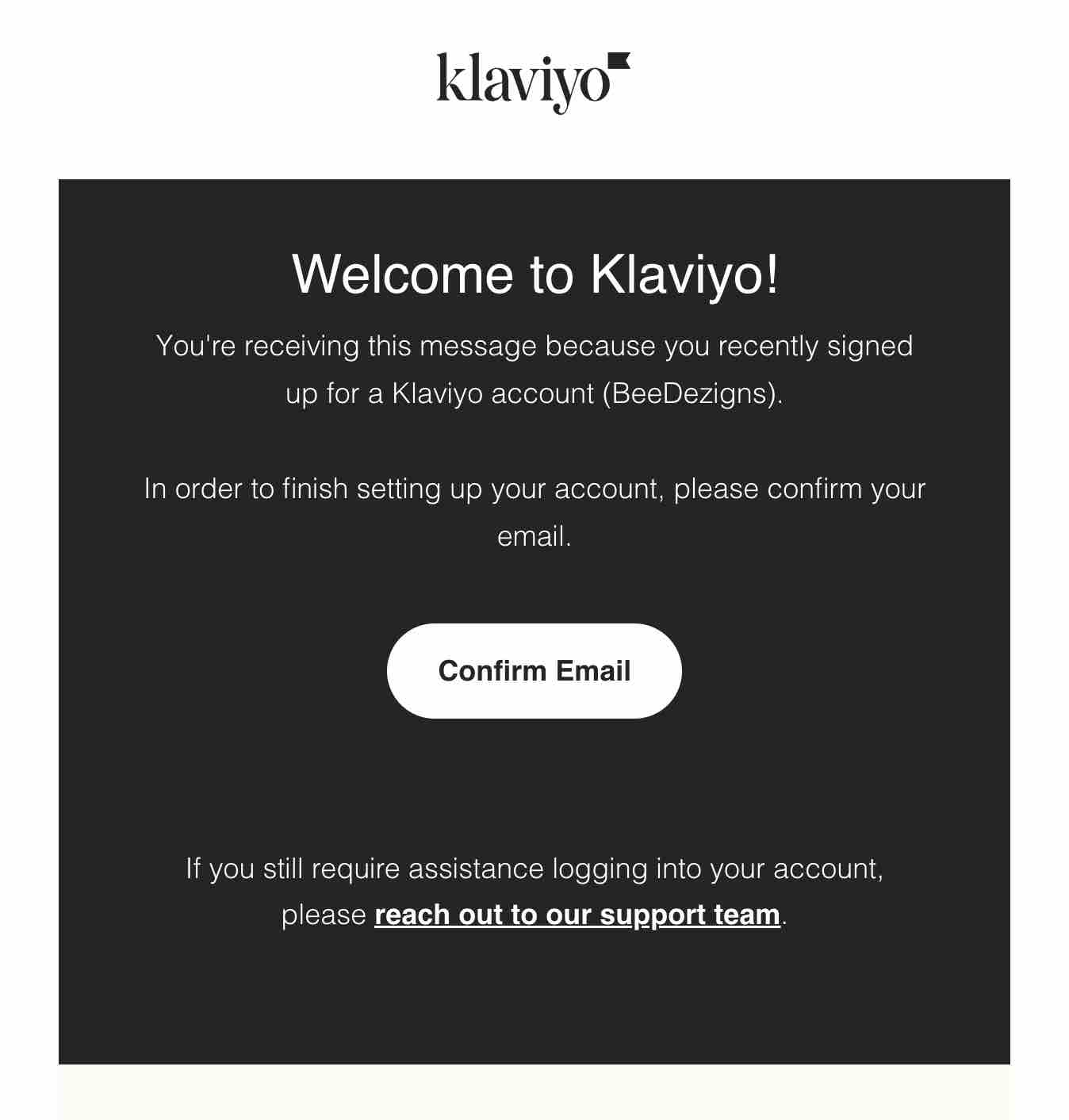 Wiadomość z potwierdzeniem Witaj w Klaviyo z przyciskiem do potwierdzenia wiadomości e-mail