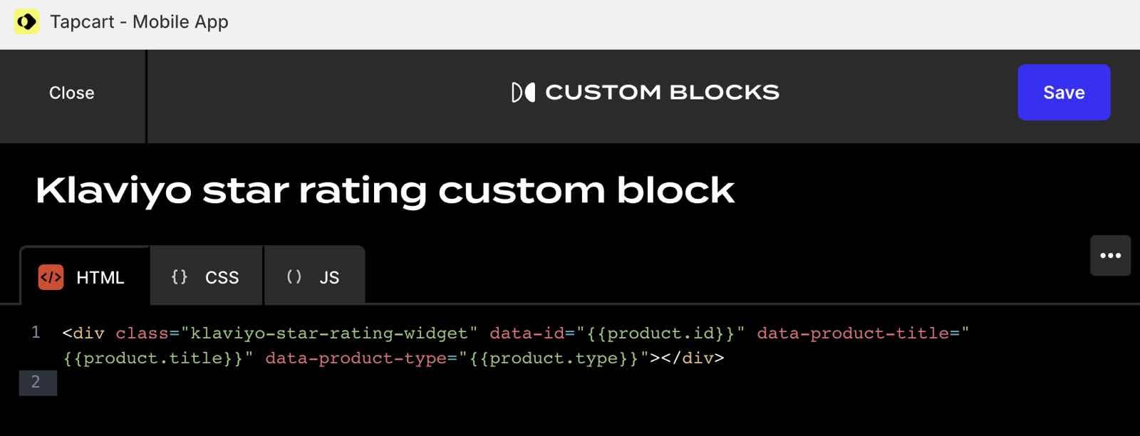 Zakładka HTML Tapcart