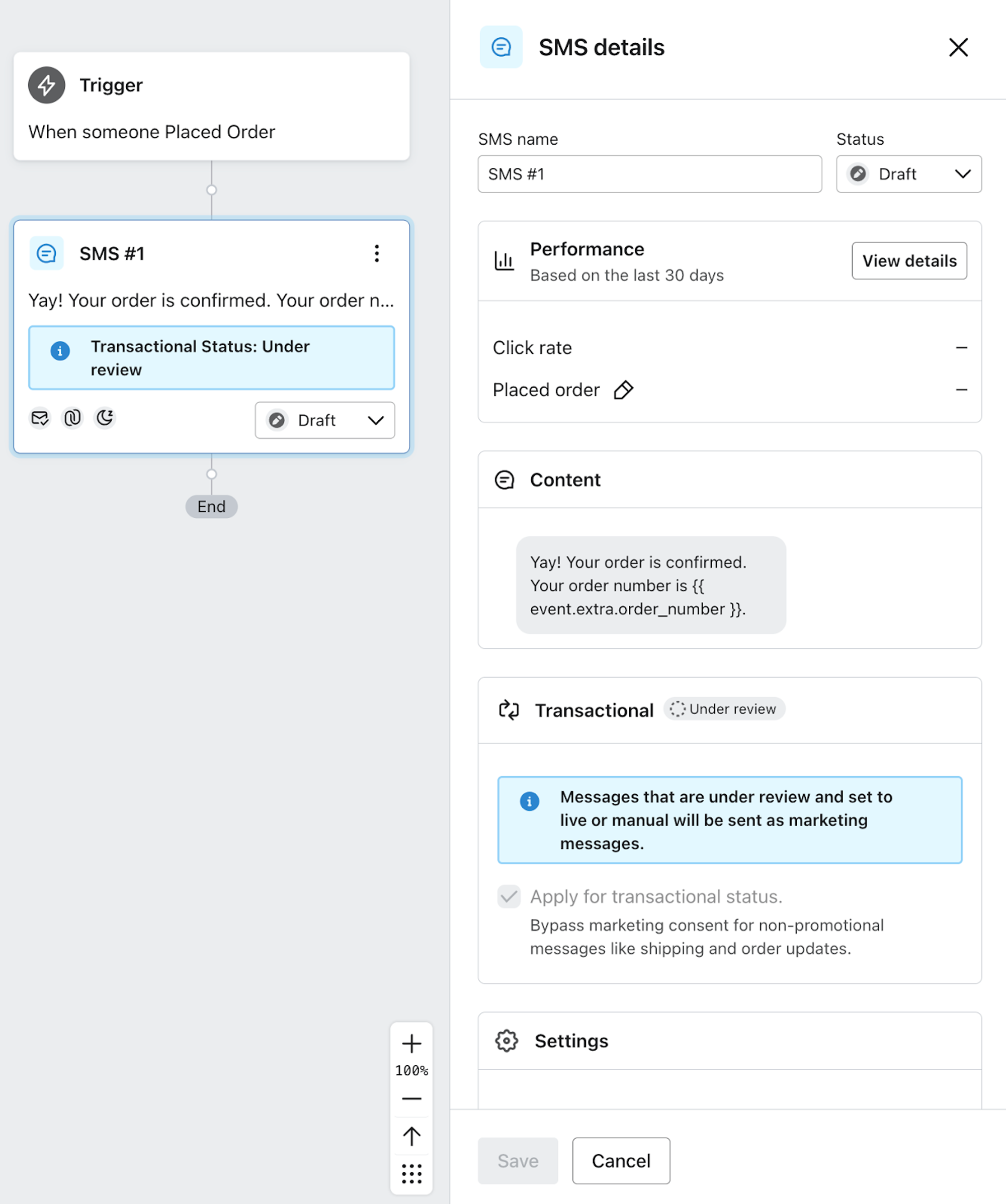 Wiadomość SMS oczekująca na sprawdzenie pod kątem zawartości transakcyjnej