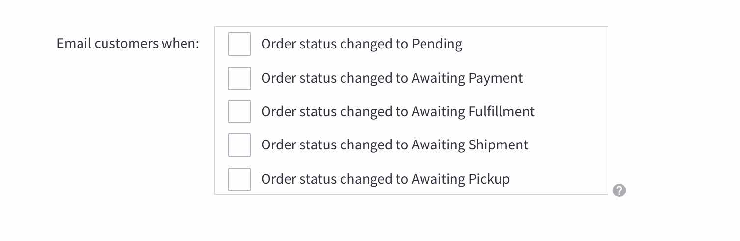 lista wiadomości e-mail z powiadomieniem o zamówieniu w BigCommerce z odznaczonymi wszystkimi polami wyboru