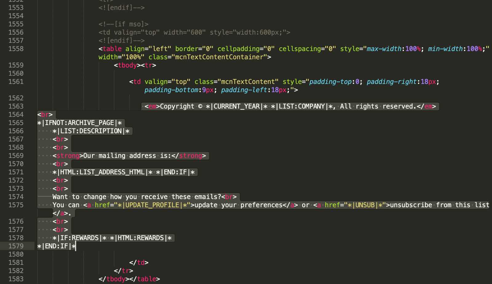 HTML szablonu, który zawiera nieobsługiwane znaczniki