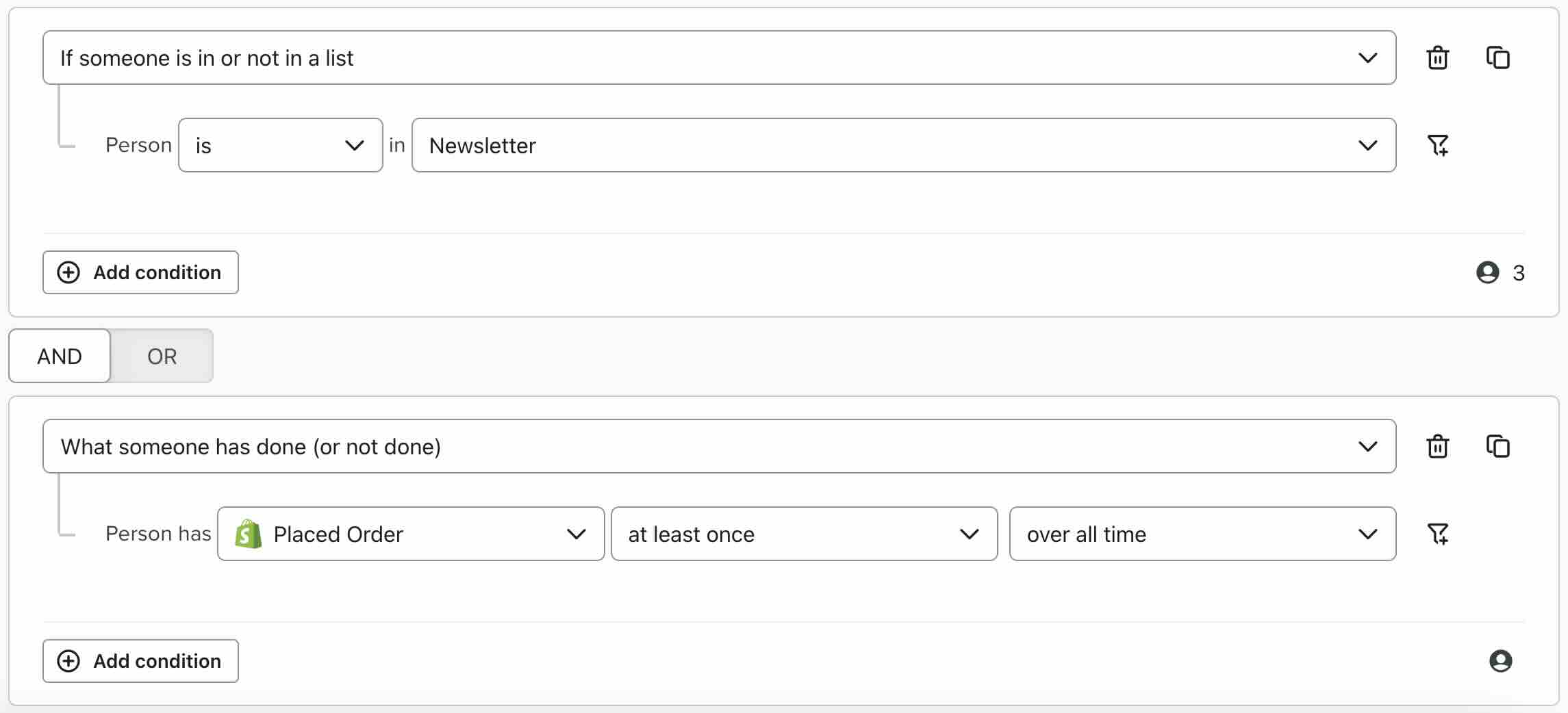 Przykład segment, gdzie ktoś musi subskrybować Twoją stronę newsletter i złożyć zamówienie przynajmniej raz w historii