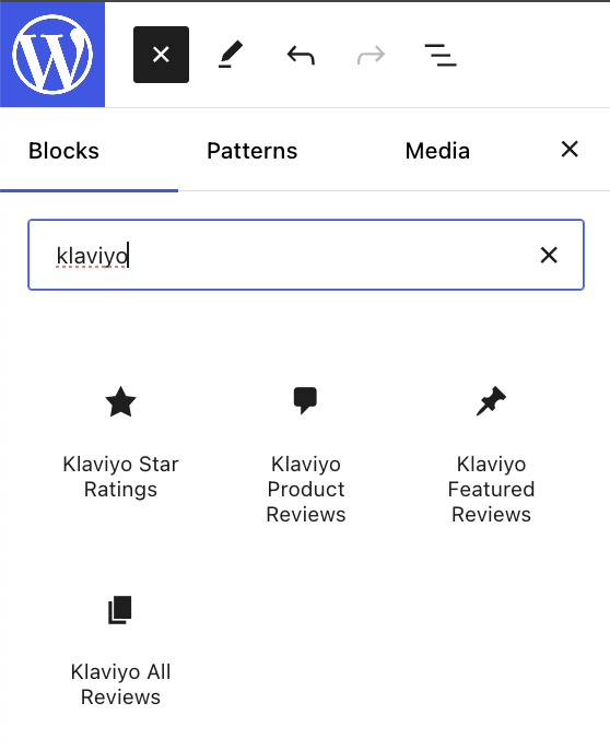 Sekcja Klaviyo w menu bloków edytora wizualnego Wordpress