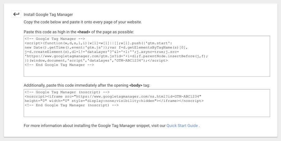 Wewnątrz znacznika Google zarządca, dwa skrypty instalacyjne, które będą musiały zostać skopiowane do nagłówka i treści html Twojej witryny