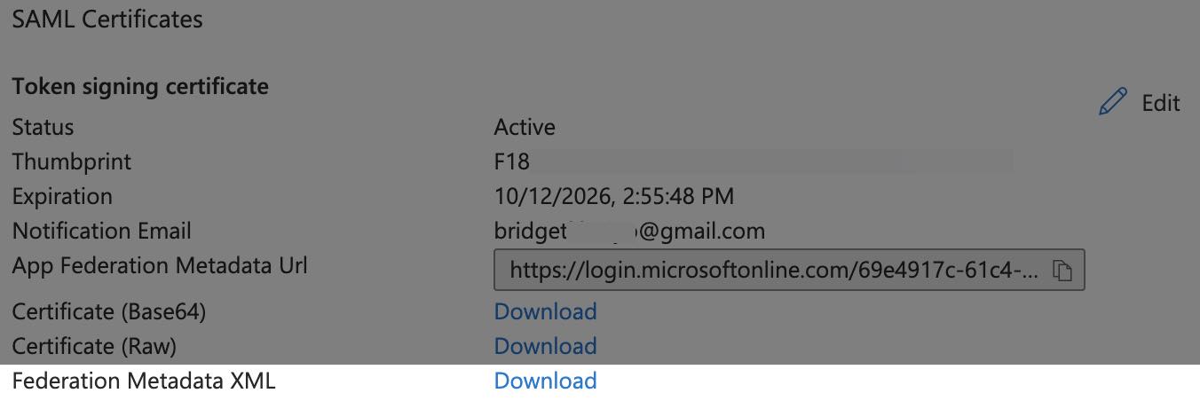 pole certyfikatów SAML, w którym podświetlona jest tylko opcja Federated Metadata XML