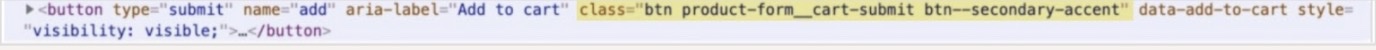 Kod przycisku Dodaj do koszyka w konsoli Chrome z klasą przycisku, btn product-form_cart-submit btn--secondary-accent, wyróżniony na żółto