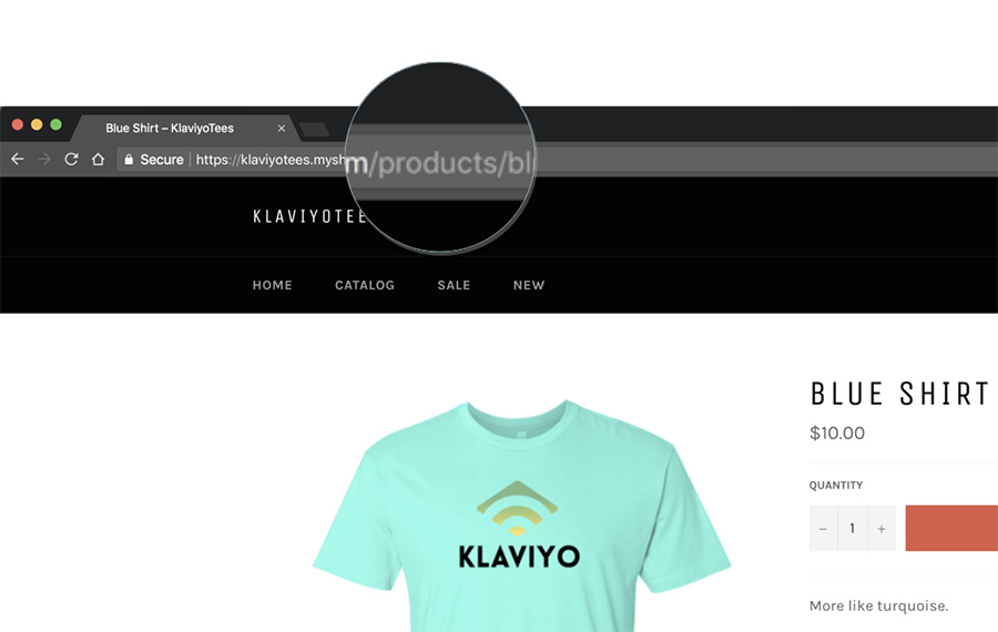 Przykładowa witryna biznesowa z podświetlonym /products w adresie URL