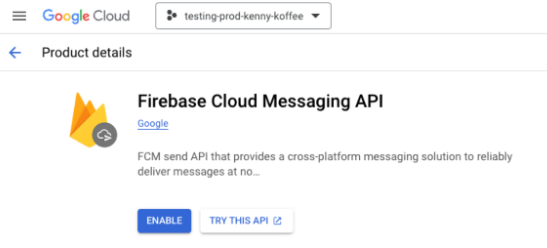 Strona do włączenia Firebase Cloud Messaging API