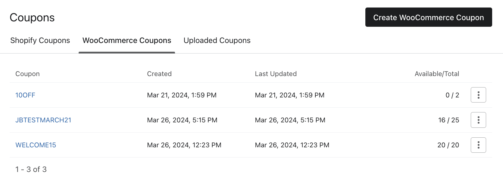 Zakładka WooCommerce kupon w Klaviyo pokazująca 3 istniejące kupony WooCommerce i przycisk Utwórz kupon WooCommerce.