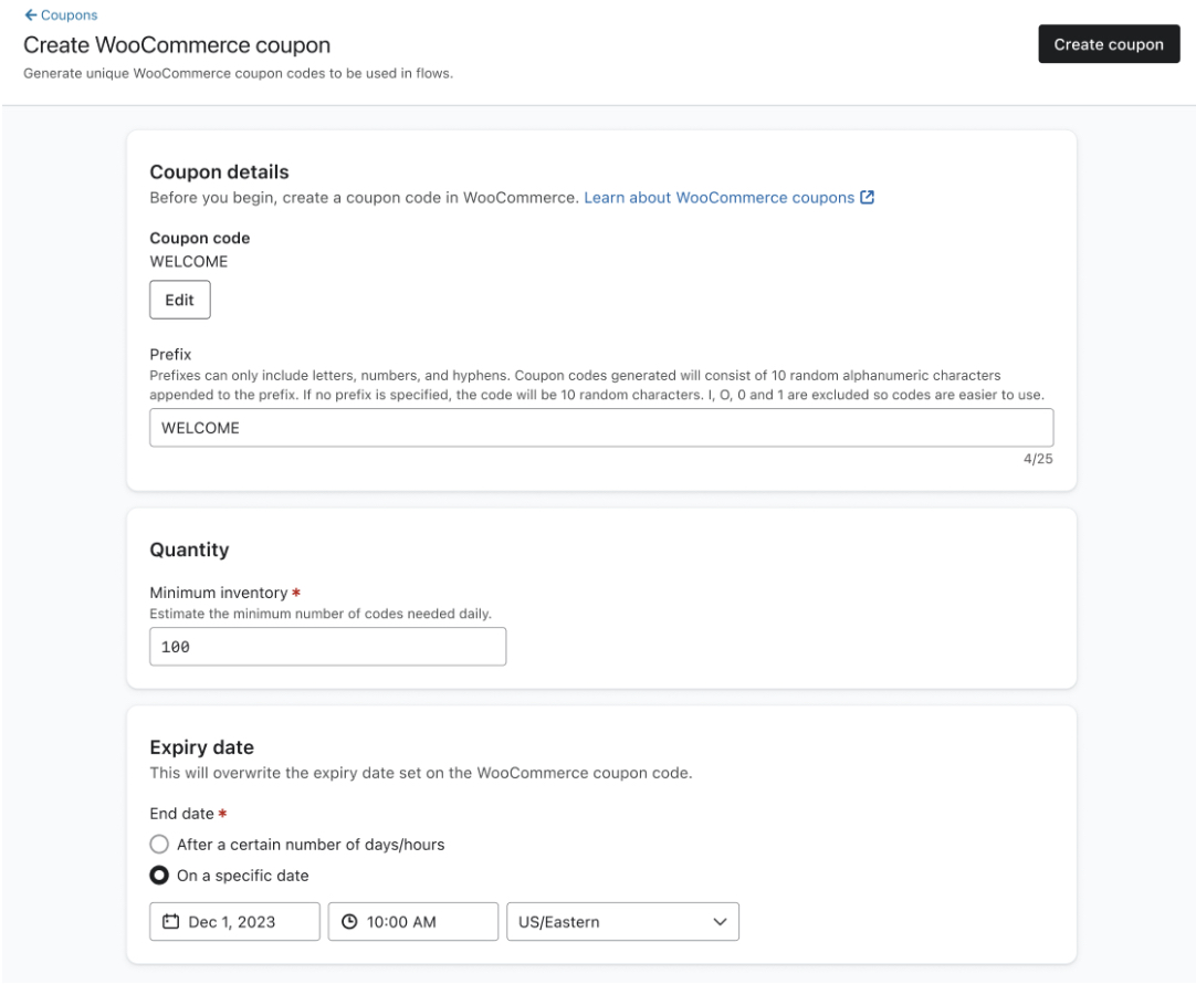Menu Utwórz kupon WooCommerce, w którym możesz ustawić właściwości kuponu, takie jak prefiks, ilość i data ważności.