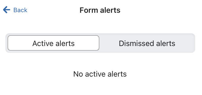 Przełączenie w zakładce Form alerts, które umożliwia przełączanie między aktywnymi alertami i odrzuconymi alertami.