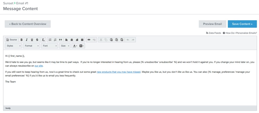 Edytor treści wiadomości zawierający język odpowiedni dla wiadomości e-mail o zachodzie słońca.
