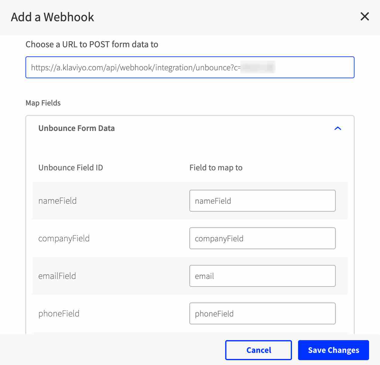 Dodaj stronę webhook w Unbounce z adresem URL webhook Klaviyo w polu i zapisz zmiany na ciemnoniebieskim tle.