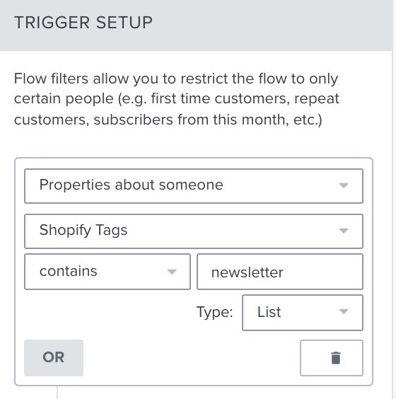 Klaviyo sekwencja builder trigger setup pokazująca filtr profilu Shopify znacznik zawiera newsletter