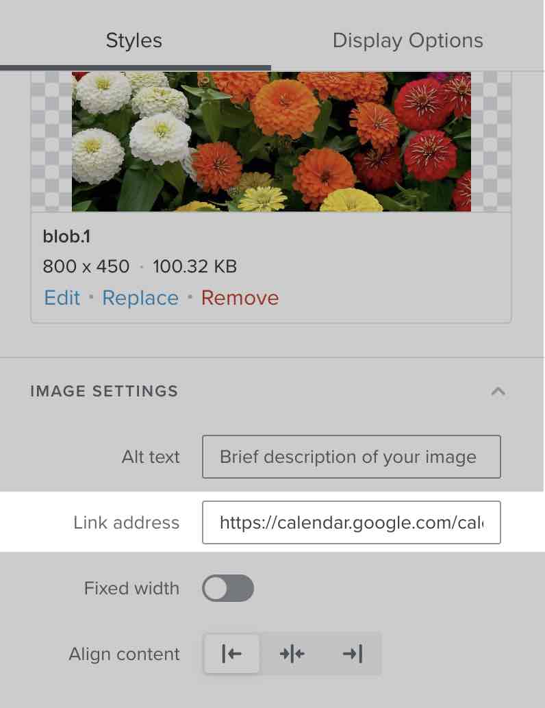 Ustawienia bloku obrazu Klaviyo z adresem URL ustawionym na łącze do wydarzenia Kalendarza Google.