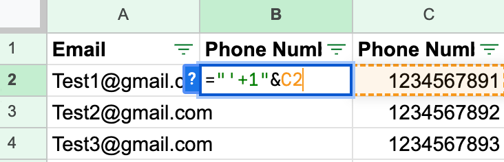 Dodanie formuły łączącej apostrof, znak plus i numer kierunkowy kraju z numerem telefonu.