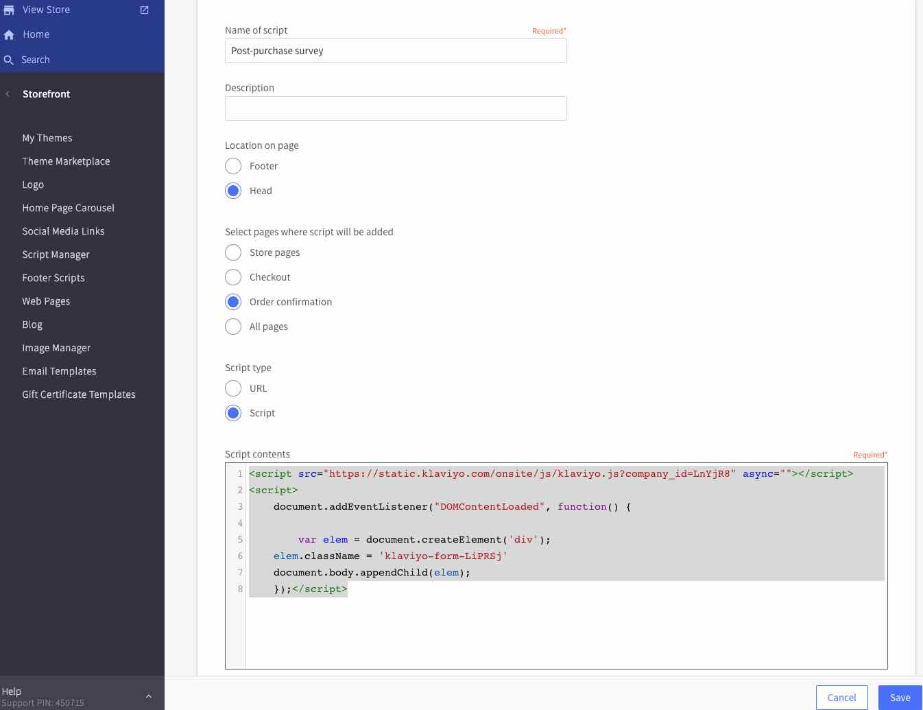 Strona Utwórz skrypt w BigCommerce, na której możesz podać lokalizację, opis, strony, na których skrypt zostanie dodany, oraz typ skryptu.