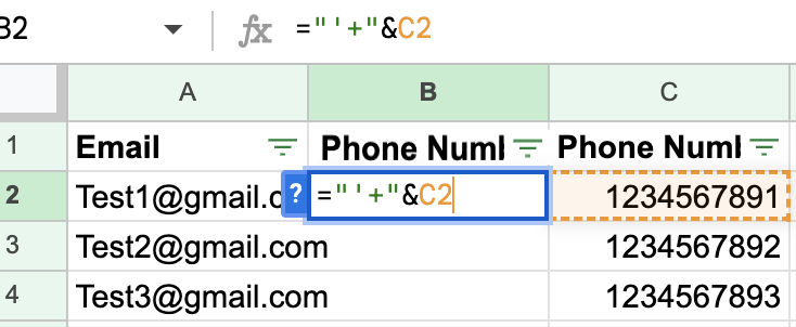 Wstawianie formuły dodającej apostrof i znak plus przed numerem telefonu