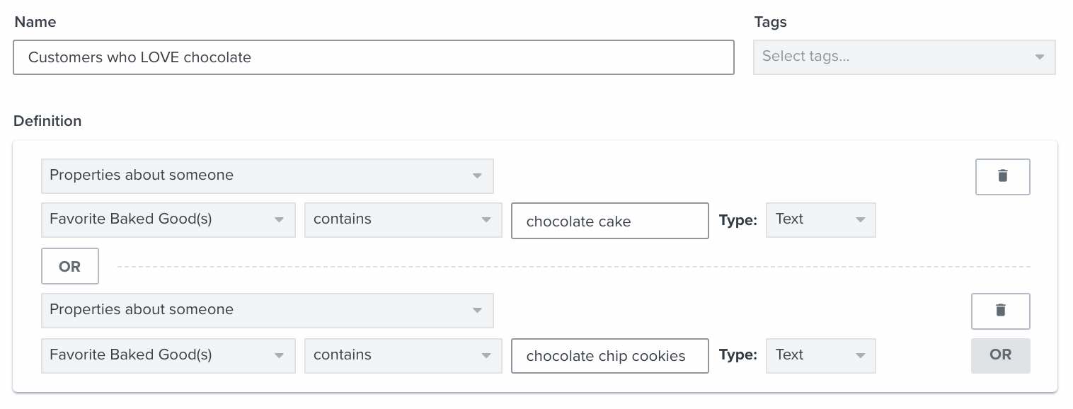 En segmentdefinition för prenumeranter med intresse för chokladtårta eller chokladkakor