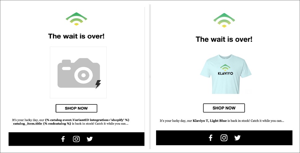 Ett exempel på ett innehåll block med bild och text med hjälp av dynamiska händelsevariabler bredvid samma block som fylls med innehåll i en förhandsgranskning