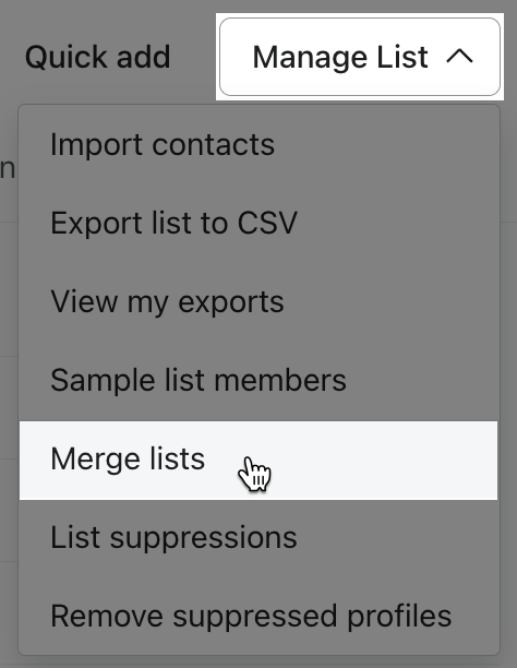 Alternativet Merge lista i rullgardinsmenyn Manage lista