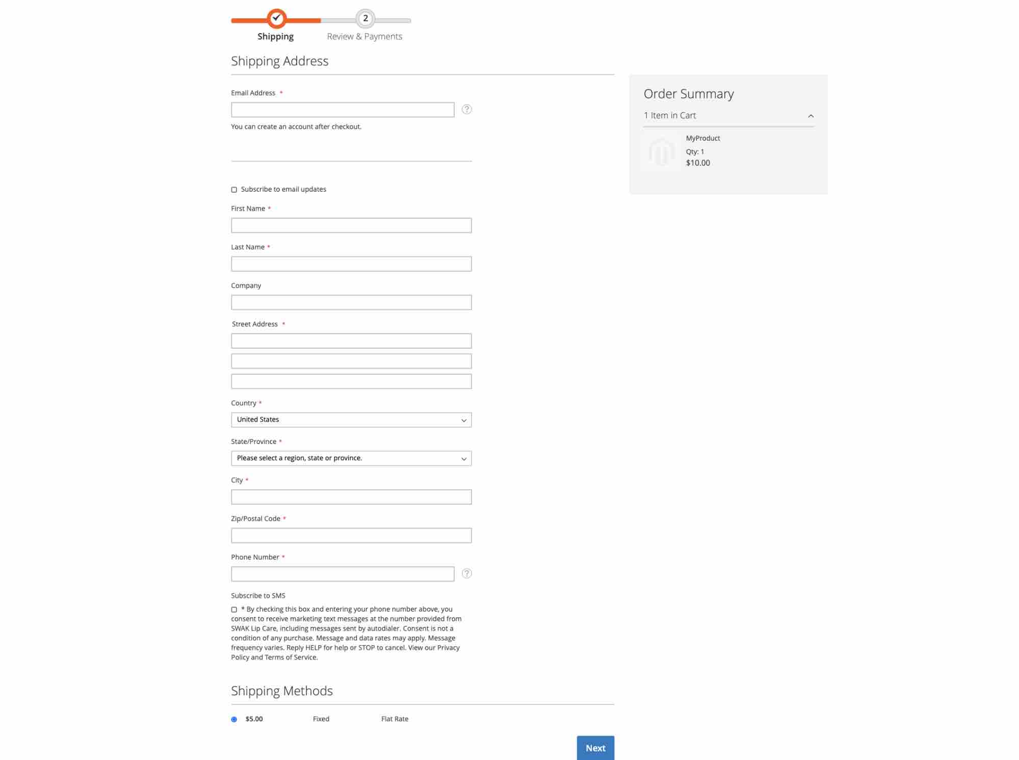 Exempel på en Magento kassasida när sms-samtycke vid kassa är Aktiv