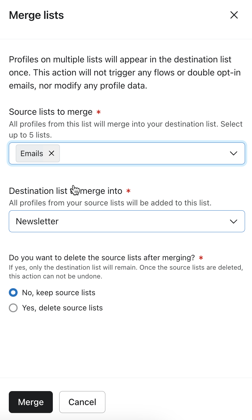 Merge lista modal, där du väljer upp till 5 källistor och den avsedda destinationslistan
