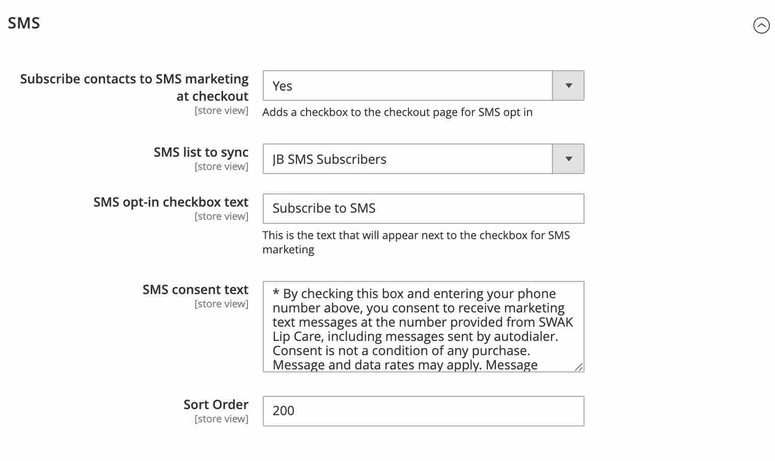 Konfiguration för att lägga till sms-samtycke på kassa till en Magento butik