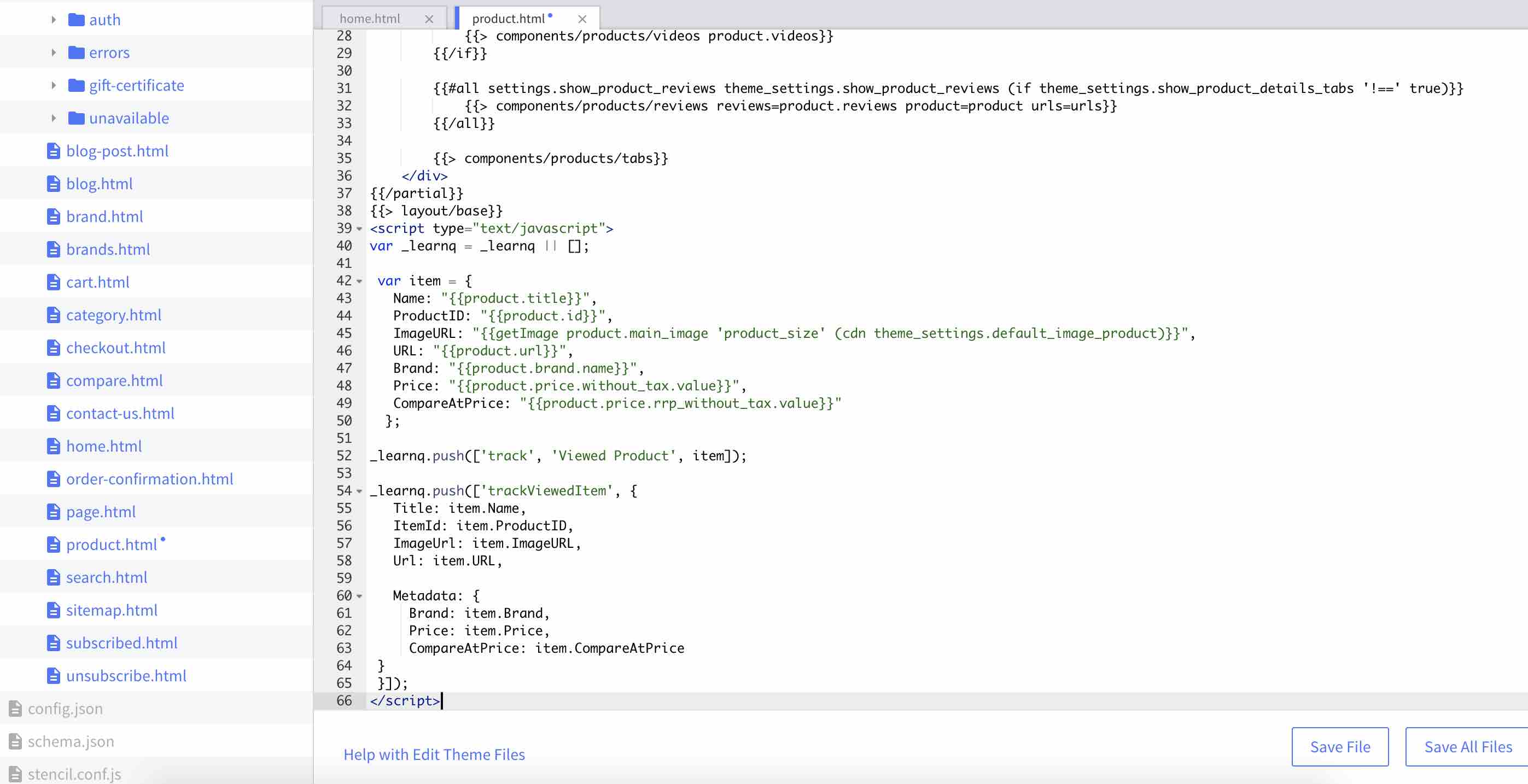 BigCommerce filredigerare visar filen product.html med Klaviyo Viewed Product snippet tillagt längst ner