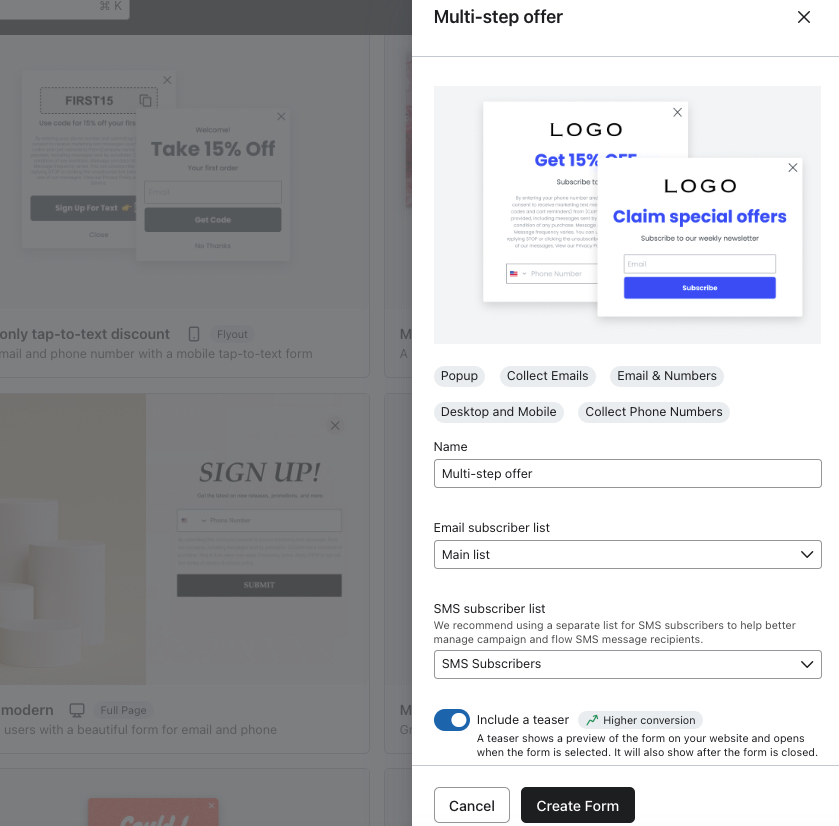 Menyn för att skapa en ny formulärmall där du kan välja namn och prenumerantlista för ett nytt formulär.