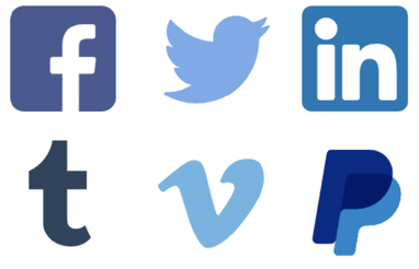 Exempel på blå logotyper från olika varumärken, t.ex. facebook, twitter, Linkedin m.fl.