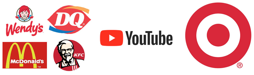 Exempel på röda logotyper är KFC, Target, YouTube, Wendy's m.fl.