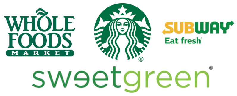 Exempel på gröna logotyper är Starbucks, Sweetgreen, Whole Foods m.fl.