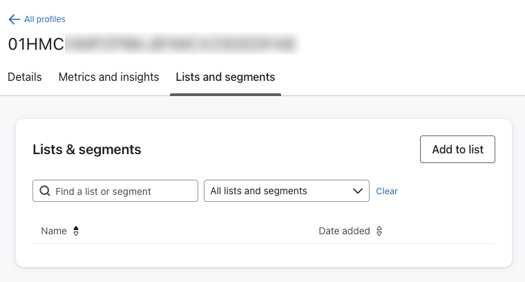 lista och segmentflik inom en profil, som visar möjligheten att lägga till den profilen till en lista