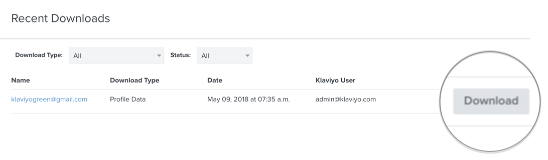 Klaviyo's filhämtningsknapp