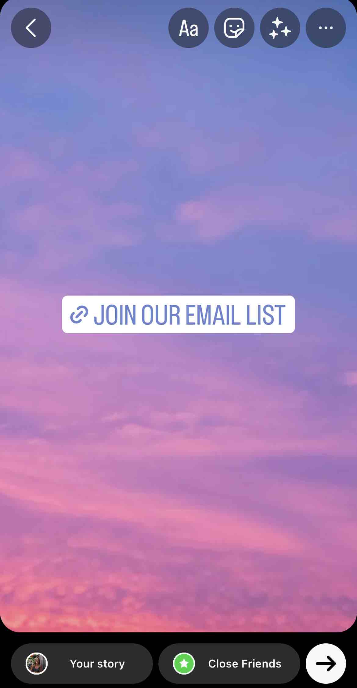 Ett exempel på en Instagram-story med URL:en till Prenumerera-sidan inklistrad så att kunderna kan klicka på den och Registrera dig. 