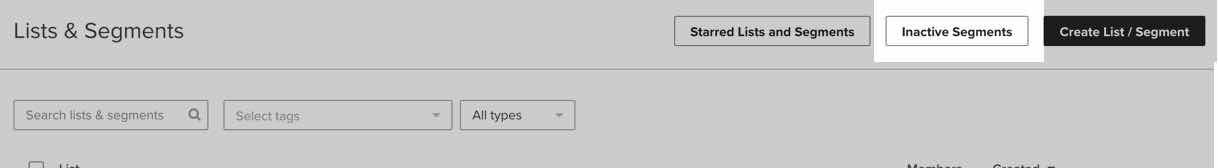 Segmentknappen Inaktiv i fliken Lista & segment i Klaviyo