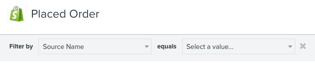 Shopify Placed Order mättal in Klaviyo's mättal tab filtered by Source Name equals Välj ett värde