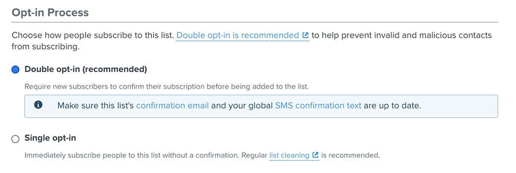 Opt in-inställningar som visar dubbel opt-in aktiverad