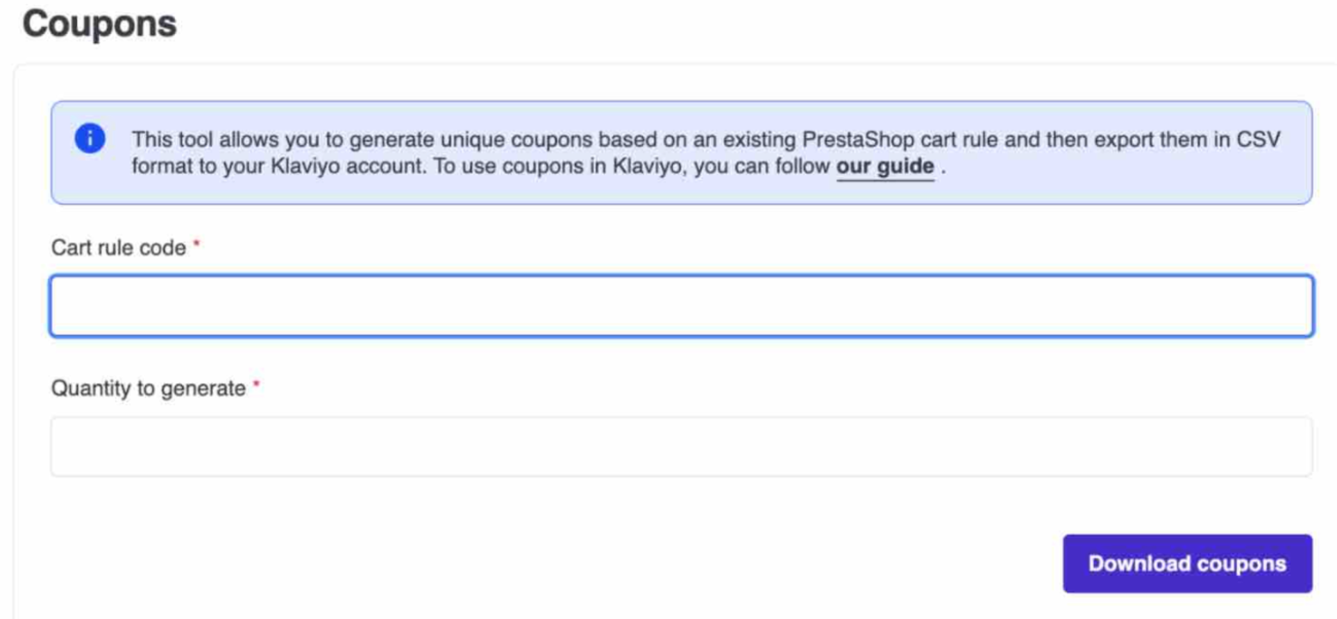 kupong avsnitt i Klaviyo PrestaShop modul inställningar