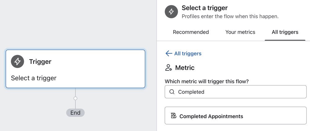 Välja mättalen Completed Appointments som trigger i det vänstra sidofältet i flödesbyggaren.