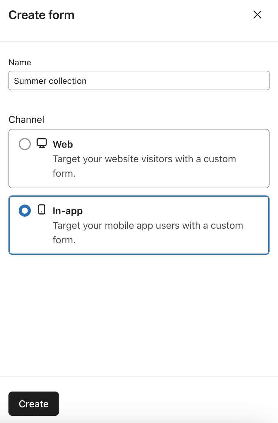 Modal som visar de 2 typerna av formulär: webb och i app