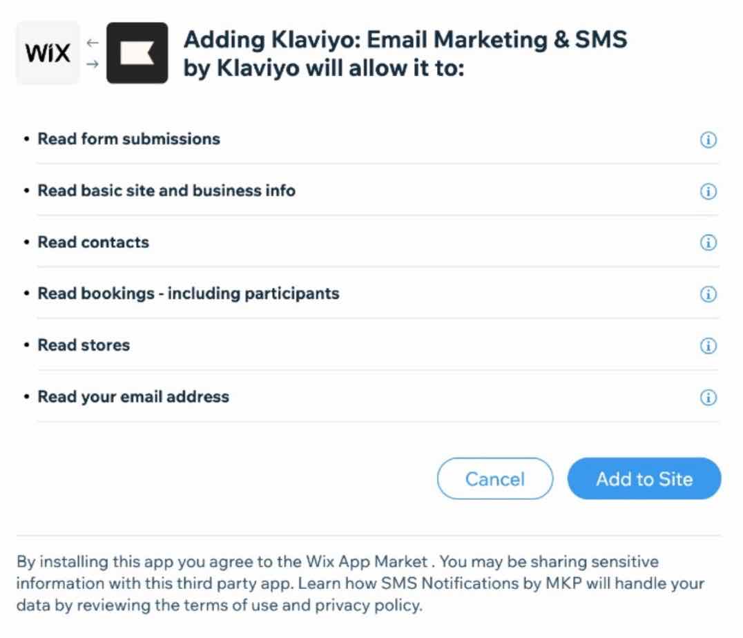 Wix Klaviyo sida med behörigheter för integrationer med en lista över behörigheter, med Lägg till på webbplatsen med blå bakgrund och Avbryt med vit bakgrund