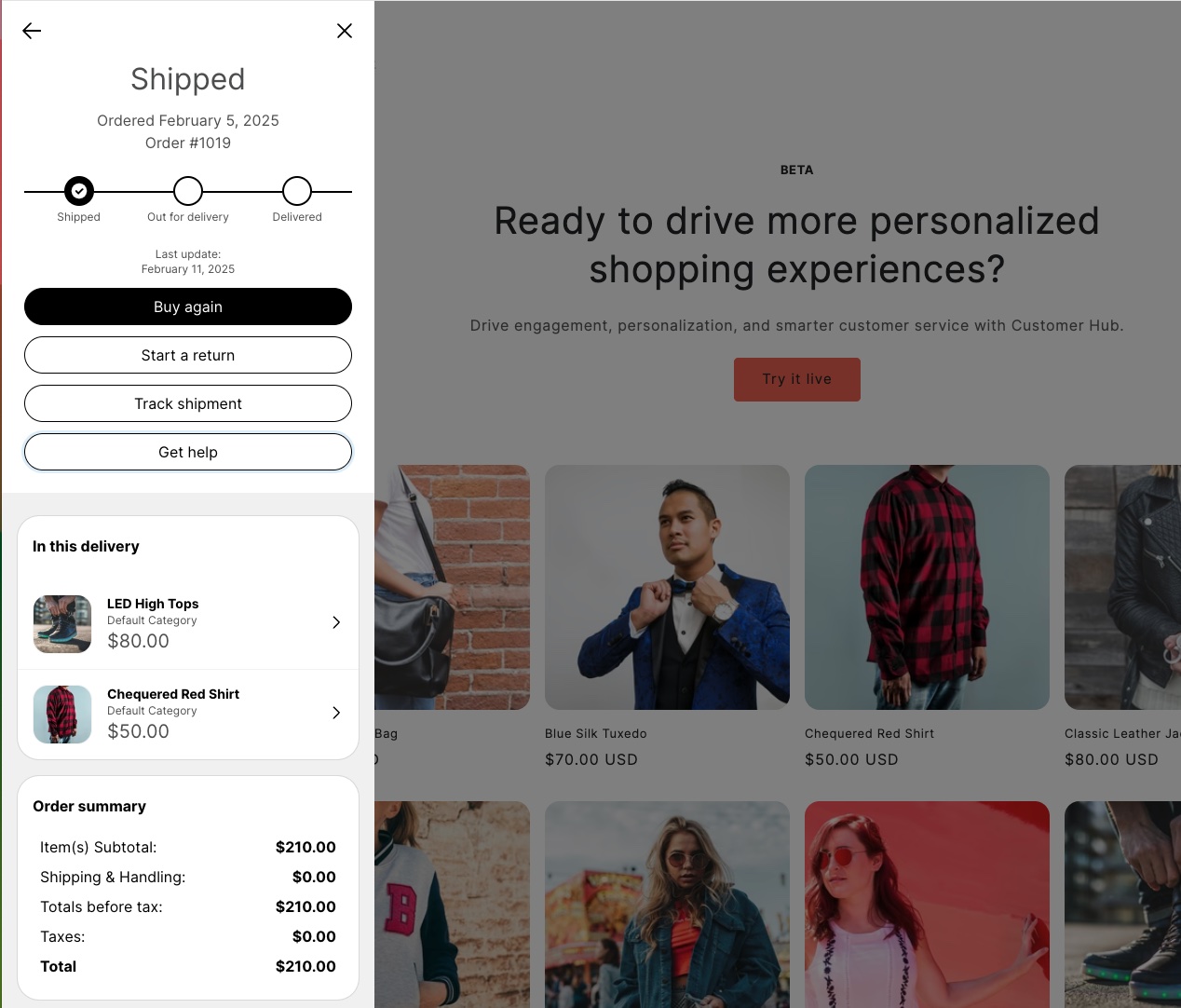 Vyn Orderdetaljer i Klaviyo Customer Hubs gränssnitt på plats visar exempel på information för en kunds order.
