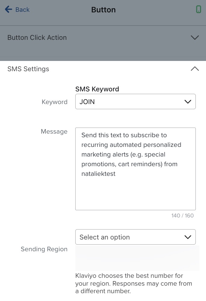 Menyn för sms-inställningar som visas när en knappklicksåtgärd är inställd på att prenumerera via sms.