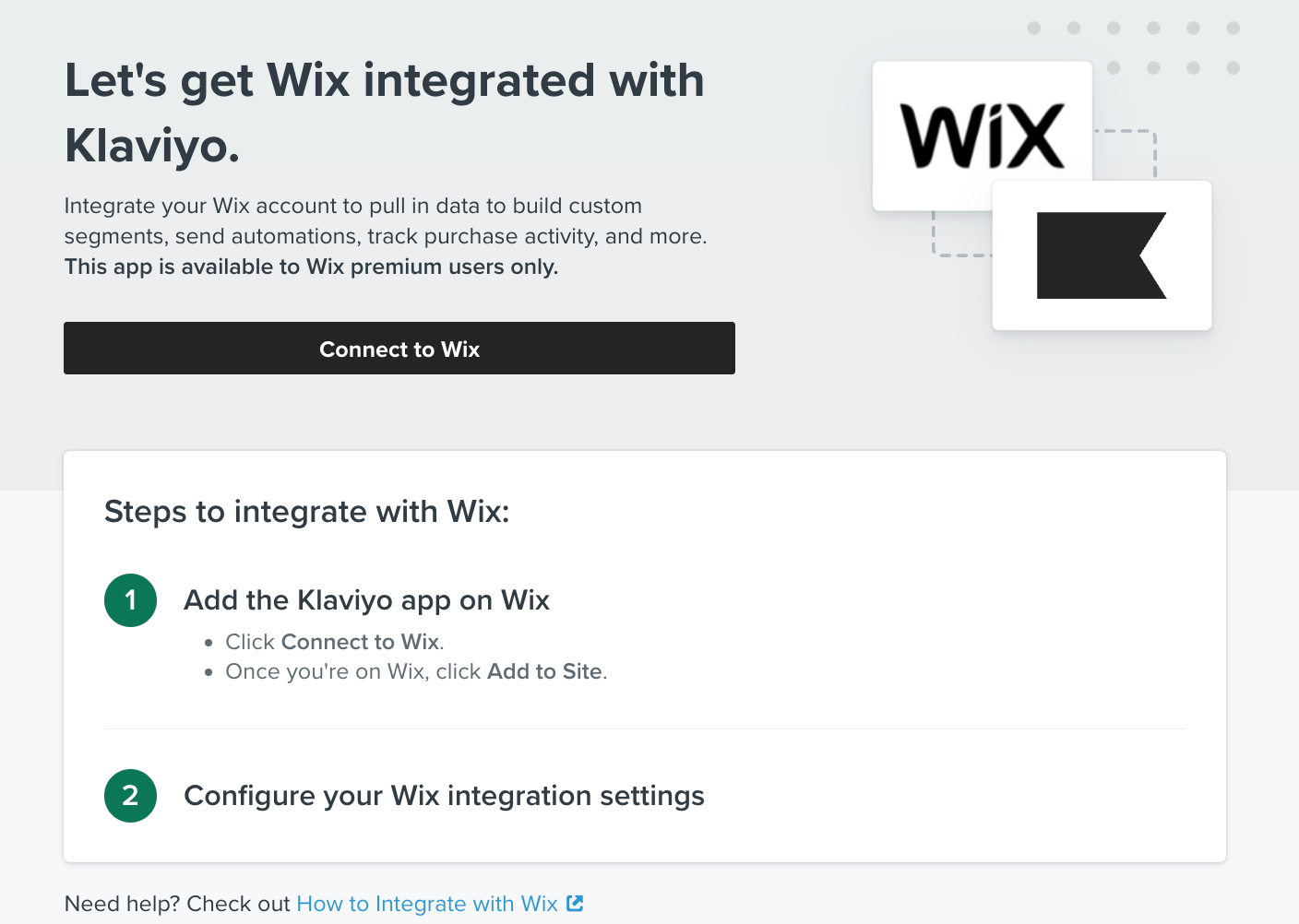 Sida i Klaviyo Låt oss få Wix integrerat med Klaviyo med Anslut till Wix med svart bakgrund