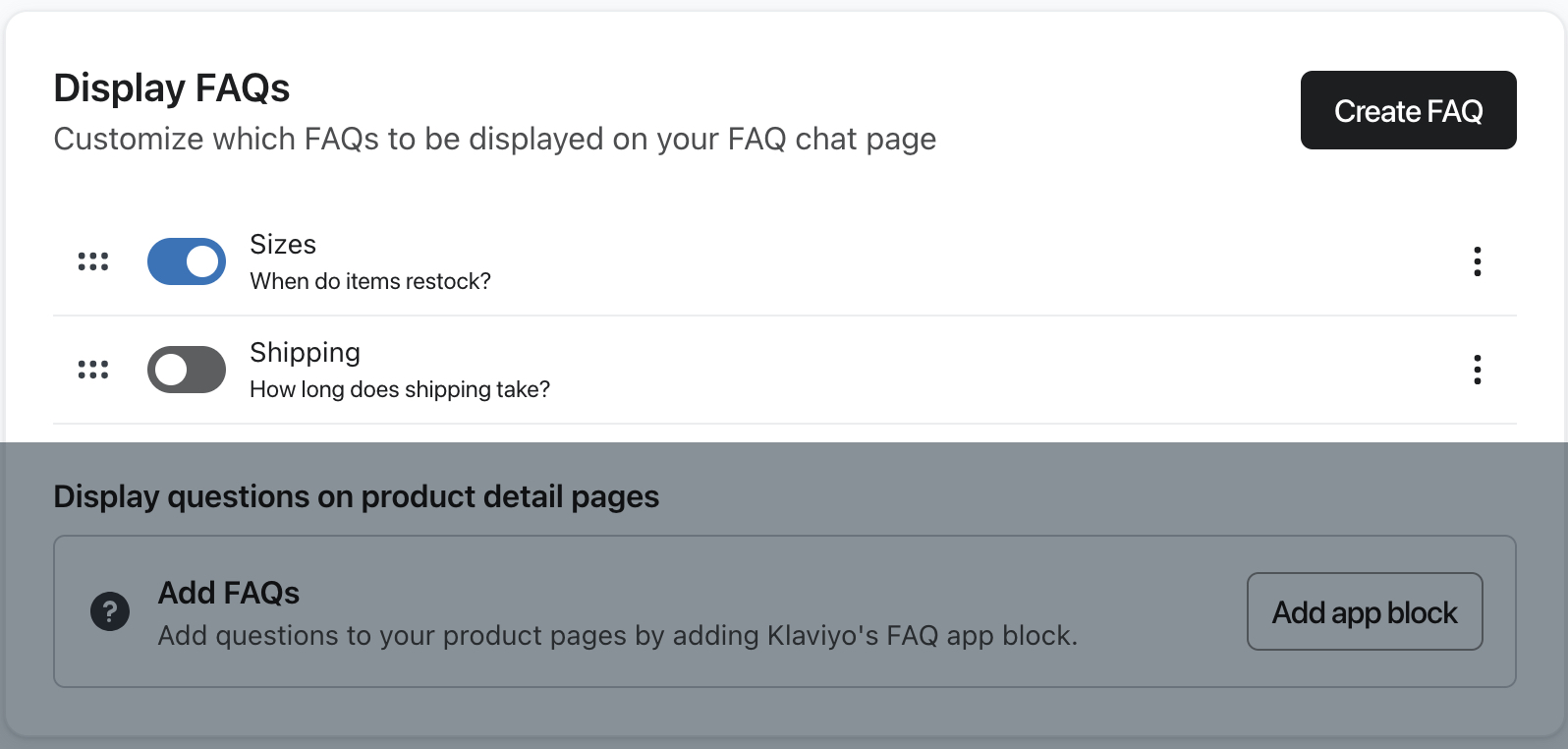 Menyn Display FAQs i Klaviyo visar en live FAQ och en dold FAQ.