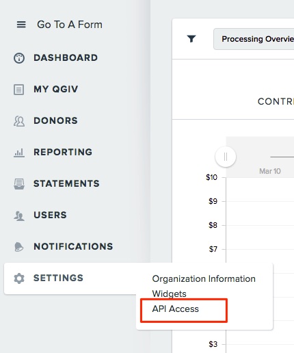 Qgiv Konto visar inställningsmenyn öppen och API Access markerad med rött