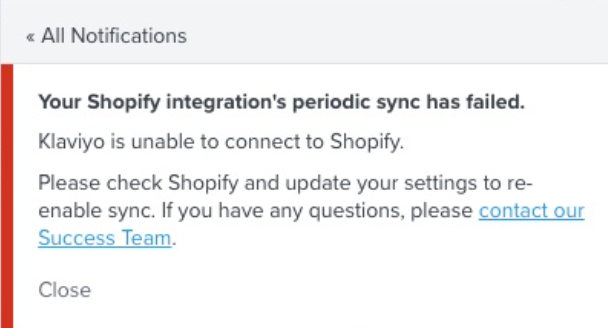Meddelande i Klaviyo om att den periodiska synkroniseringen av Shopify har misslyckats